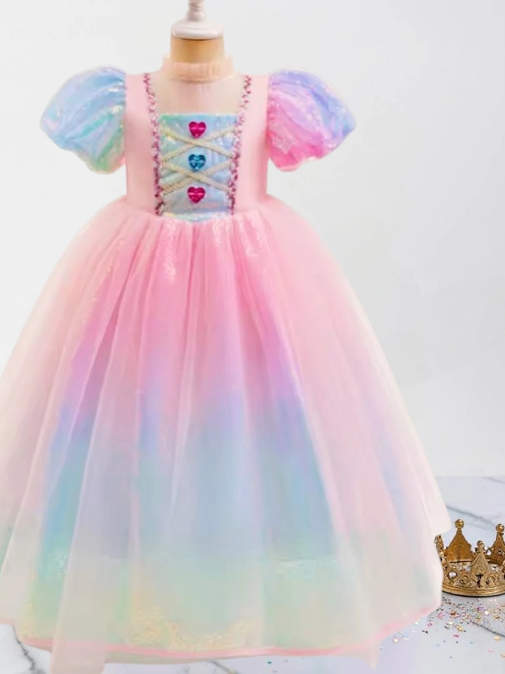 Kids Pink Pastel Princess Costume Dress with Puff Sleeves